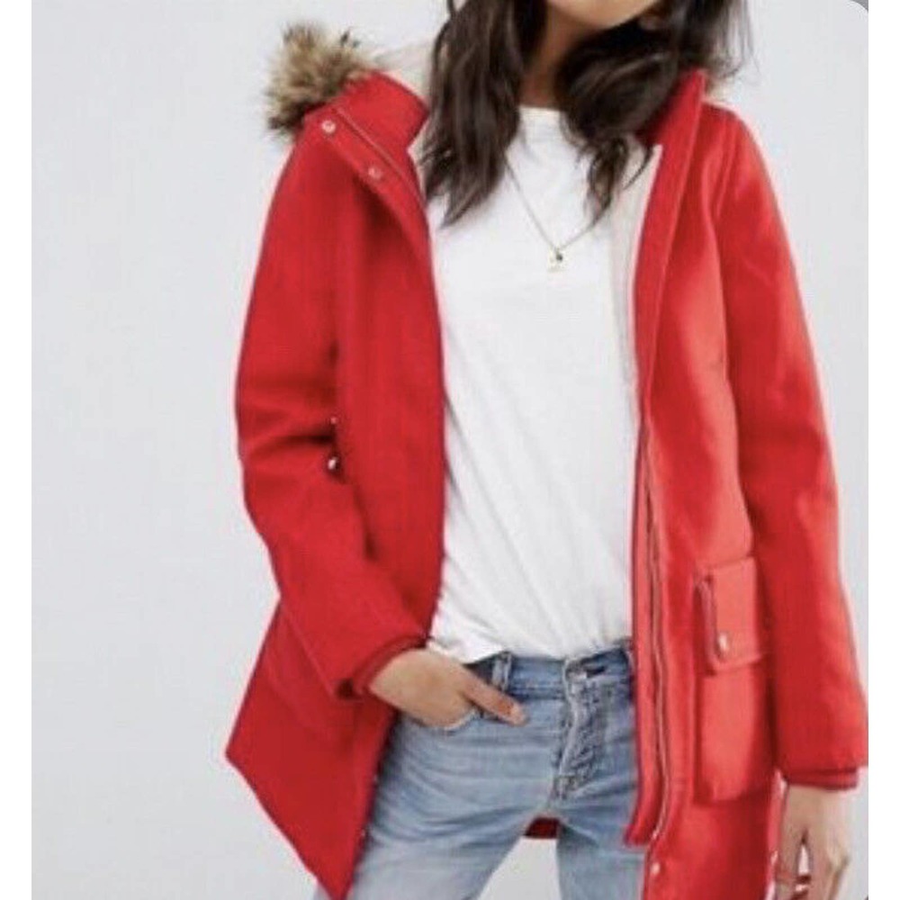 Abercrombie & Fitch Wool Red Pea Coat with Faux Fur Trim